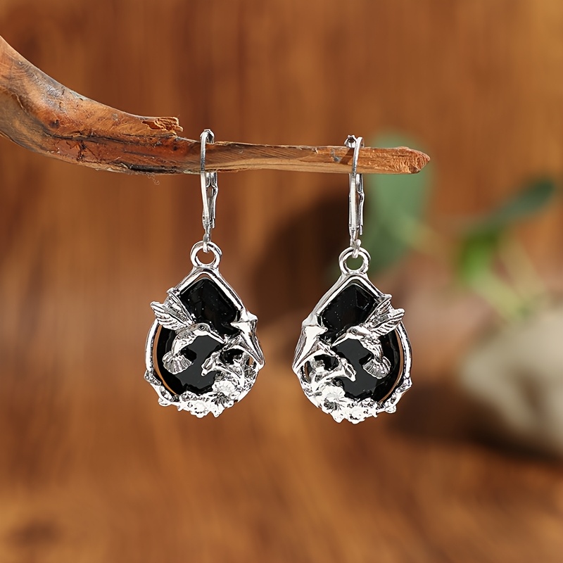 Women's Dark-Style Hummingbird Black Teardrop Earrings